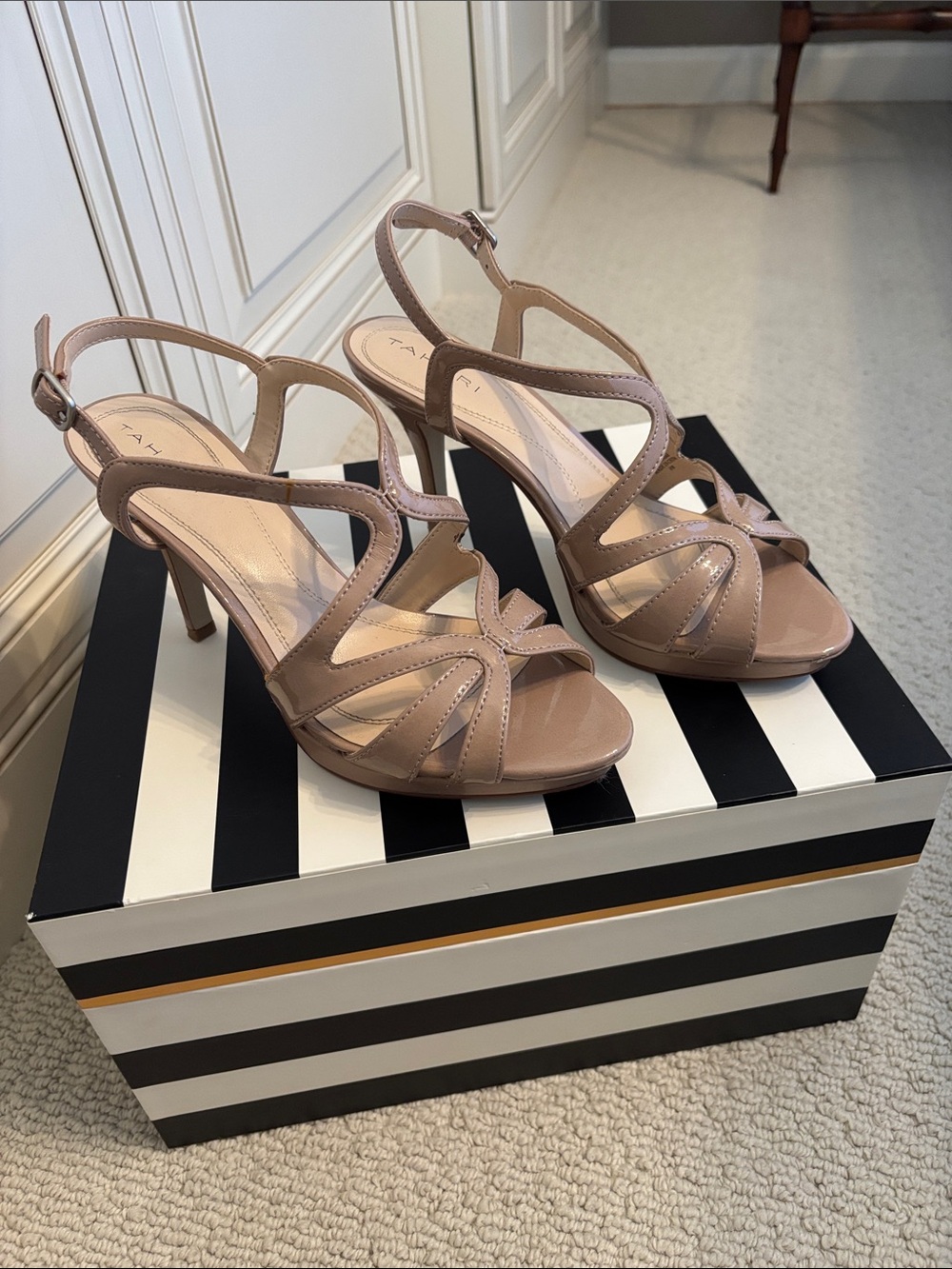 Tahari Nude Patent Leather Strappy Slingback Heels
